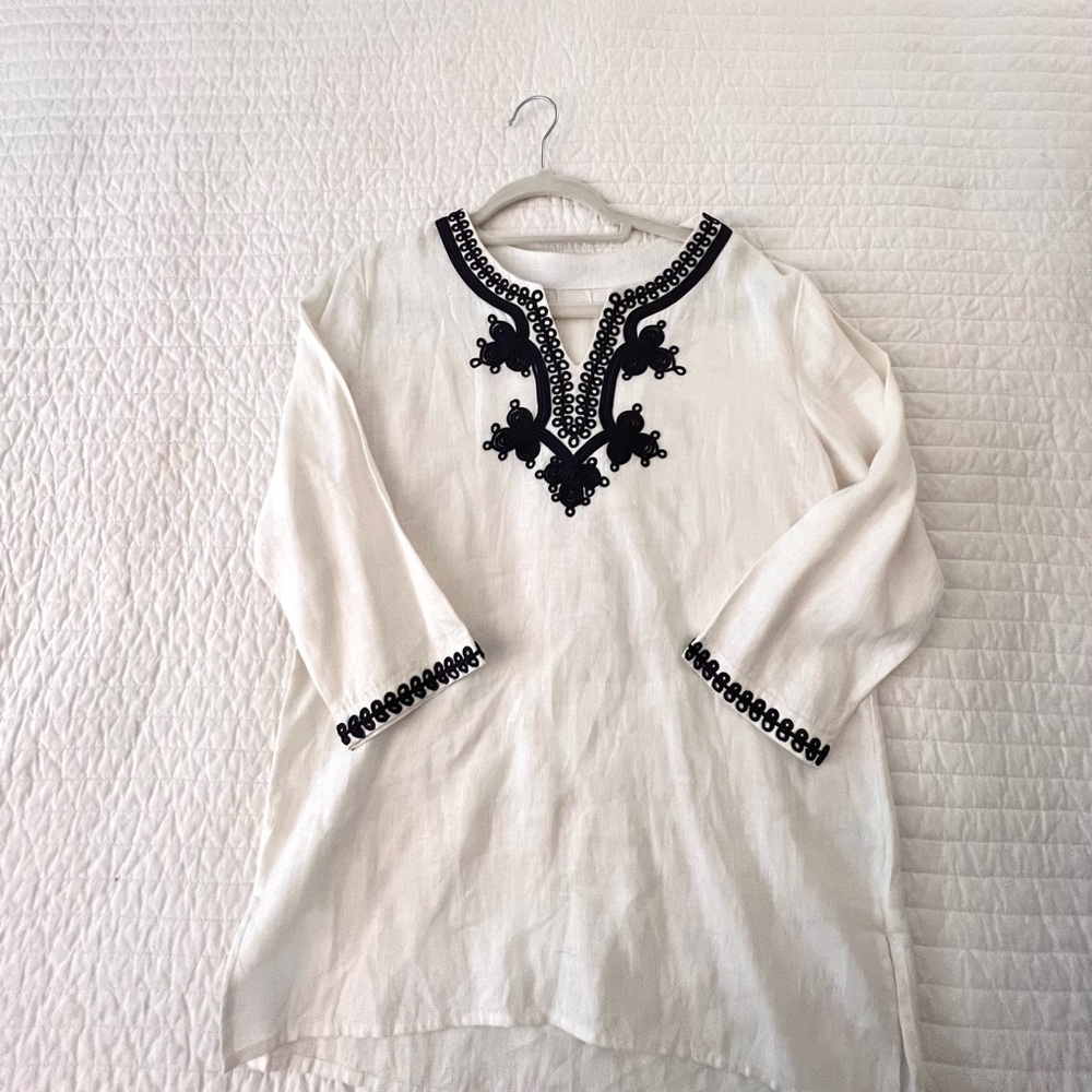 White and Navy linen  Embroidered Women's Top or cover up